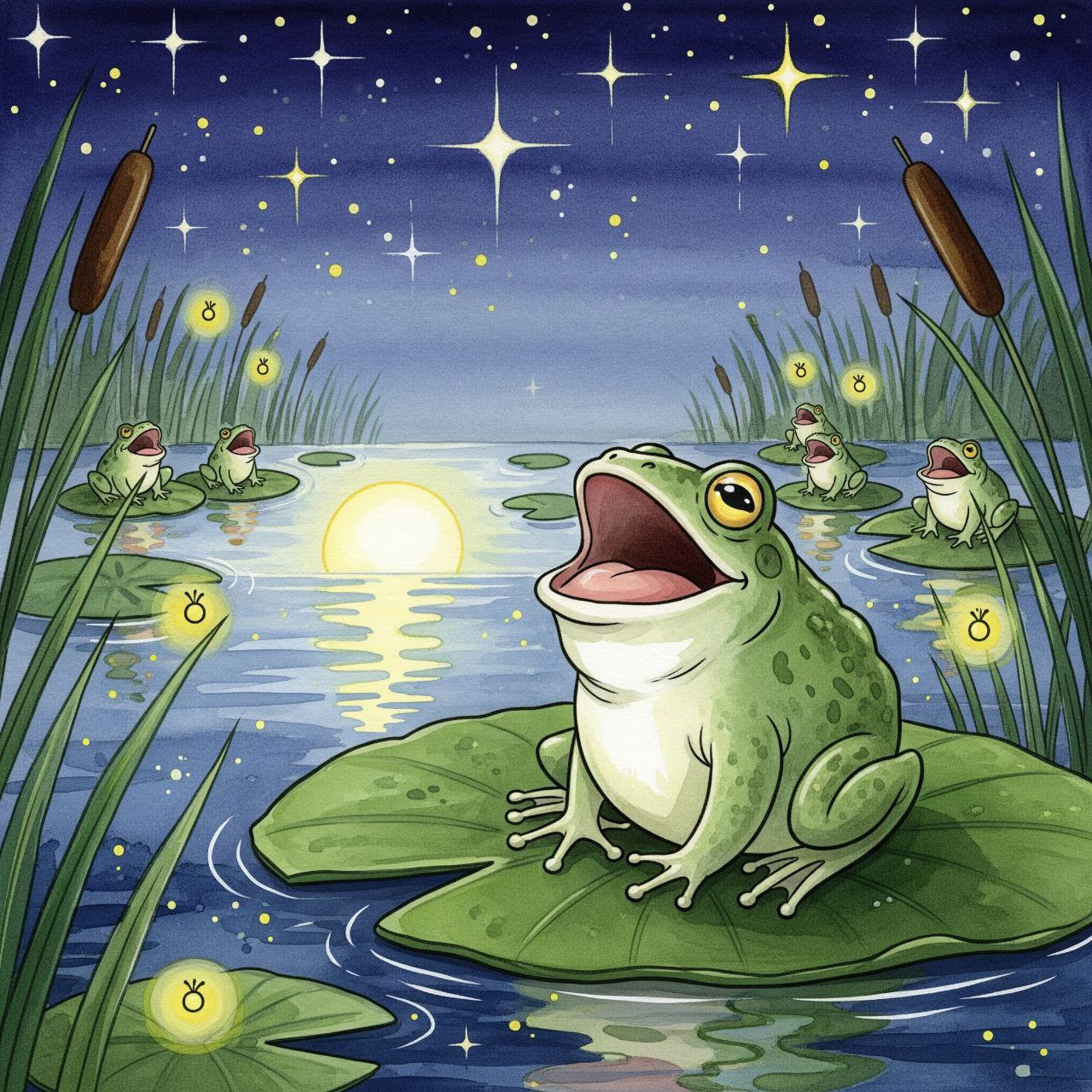 An adult frog on a lily pad beneath a starry sky, mouth open as if singing, distant frogs echoing.