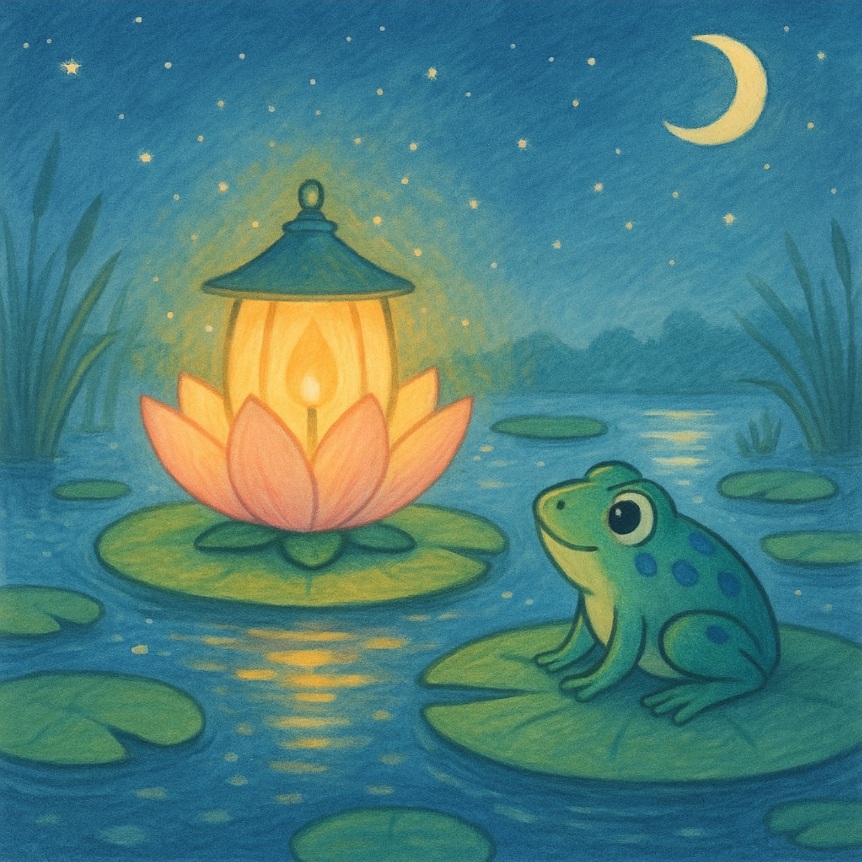 A glowing lantern lily on the moonlit pond